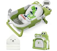 MoreFeel Collapsible Baby Bathtub for Newborn with Thermometer & 1 Hooded Towel & 1 Soft Floating Cushion,Portable Travel Bathtub with Drain Hole, Durable Foldable Baby Tubs for Infants to Toddler