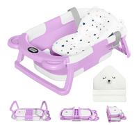 MoreFeel Collapsible Baby Bathtub for Newborn with Thermometer & 1 Hooded Towel & 1 Soft Floating Cushion,Portable Travel Bathtub with Drain Hole, Durable Foldable Baby Tubs for Infants to Toddler