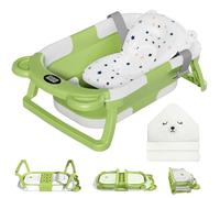 MoreFeel Collapsible Baby Bathtub for Newborn with Thermometer & 1 Hooded Towel & 1 Soft Floating Cushion,Portable Travel Bathtub with Drain Hole, Durable Foldable Baby Tubs for Infants to Toddler