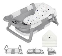 MoreFeel Collapsible Baby Bathtub for Newborn with Thermometer & 1 Hooded Towel & 1 Soft Floating Cushion,Portable Travel Bathtub with Drain Hole, Durable Foldable Baby Tubs for Infants to Toddler