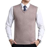 Moren Classic Mens V-Neck Wool Sleeveless Jumper Vest Autumn Winter Warm Knitted Gilet Slipover Waistcoat Sweater Tank Tops (S, Khaki_1680)