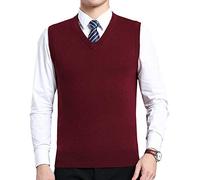 Moren Classic Mens V-Neck Wool Sleeveless Jumper Vest Autumn Winter Warm Knitted Gilet Slipover Waistcoat Sweater Tank Tops (XL, Wine Red_1680)