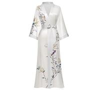 Moreone Women's Silk Kimono Robes Long Bathrobes Female Sleepwear Floral Print Wedding Robe Nightgown Satin Bridesmaid Robes, 4-white, One Size