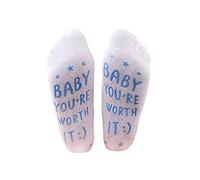 Moresave Warm Mini Crew Ladies Novelty Socks | Unisex Soft Stretch Cotton Fabric "BABY YOU'RE WORTH IT" Funny Casual Athletic Running Ankle Socks for Women - Blue + White