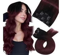 Moresoo 16 Inch Clip in Hair Extensions Real Human Hair Extensions Clip in Remy Human Black Root Ombre Wine Red for Women Full Head Adding Volume Natural Look #1B/99J 7 Pieces/120G