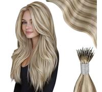 Moresoo 1g/s Nano Hair Extensions Real Human Hair 18 Inch Nano Beads Hair Extensions Remy Human Hair Light Brown with Platinum Blonde 50g/Pack #P9A/60