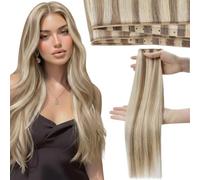 Moresoo Butterfly Weft Hair Extensions Remy Human Hair Light Brown Highlight Platinum Blonde 18 Inch OVO Weft Hair Extensions Human Hair 50g/pack #9A/60