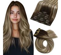 Moresoo Clip in Hair Extensions Balayage Hair Clip in Human Hair Extensions Dark Brown to Chestnut Brown with Platinum Blonde Hair Clip in Extensions Real Human Hair 18 Inch 7 Pieces/120g #4/6/613