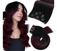 Moresoo Clip in Hair Extensions Real Human Black Root Ombre Wine Red Balayage Hair Extensions Clip in 22 Inch 7 Pieces/120G #1B/99J