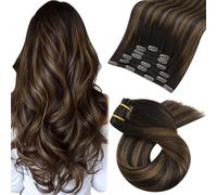 Moresoo Clip in Hair Extensions Real Human Hair 16 Inch Balayage Dark Brown and Medium Brown #2/6/2 Clip in Human Hair Extensions Remy Straight 120G/7pcs