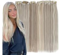 Moresoo Clip in Hair Extensions Real Human Hair Ash Blonde Highlight Clip in Human Hair Extensions Remy Hair 18 Inch 7pcs/120G #18/24