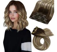 Moresoo Clip in Hair Extensions Real Human Hair Balayage Clip in Human Hair Extensions Dark Brown to Chestnut Brown with Platinum Blonde Clip in Extensions 12 Inch 5 Pieces/80g #4/6/613