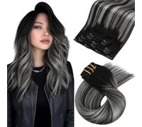 Moresoo Clip in Hair Extensions Real Human Hair Black Ombre to Silver Clip in Human Hair Extensions 14 Inch Remy Straight Hair 5 Pieces/80g #1B/S/1B