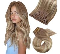 Moresoo Clip in Hair Extensions Real Human Hair Light Brown And Platinum Blonde Longer Hair Extensions Double Weft Clip in Extensions 24 inch 7 Pieces/120G #8/22/8