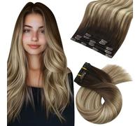 Moresoo Clip in Hair Extensions Roots Dark Brown Ombre Medium Brown with Bleached Blonde Balayage Real Hair Extensions Clip in Human Hair Natural Shadows 14 Inch 5pcs/80g #4/6/613
