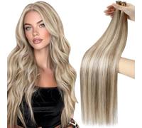 Moresoo Genius Weft Hair Extensions Human Hair 18 Inch Light Brown with Platinum Blonde Seamless Sew in Hair Extensions Human Hair Highlight Remy Straight Hair 50g/pack #9A/60