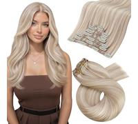 Moresoo Human Hair Extensions Clip in Ash Blonde with Platinum Blonde Clip in Hair Extensions Human Hair Long 24 Inch Full Head Real Hair 120g 7pcs #18/613