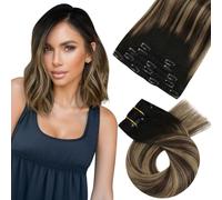 Moresoo Human Hair Extensions Clip in Ombre Real Hair Clip in Extensions Black to Dark Brown with Dark Blonde Double Weft Hair Extensions Real Human Hair 12 inch 5 Pcs/80G #1B/4/14