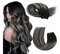 Moresoo Human Hair Weft Extensions Ombre Sew in Hair Extensions Real Human Hair Weft Extensions Black Mixed with Silver Hair Extensions Sew in Human Hair 16 inch 100G #1B/Silver/1B