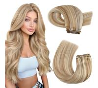 Moresoo Medium Brown with Platinum Blonde Double Weft Hair Extensions Real Human Hair Mixed Blonde Sew in Hair Extensions 14-24 Inch 100g #P6/60