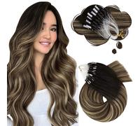 Moresoo Micro Ring Hair Extensions Real Human Hair Balayage Microloops Hair Extensions Black to Dark Brown with Caramel Blonde Micro Beads Hair Extensions 1g/s 50g/Pack 22 Inch #1B/3/27
