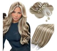 Moresoo Micro Ring Hair Extensions Real Human Hair BalayageLight Brown with Platinum Blonde Micro Loop Human Hair Extensions 1g/s 50g/Pack #P9A/60 14INCH