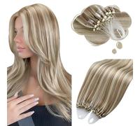 Moresoo Micro Ring Hair Extensions Real Human Hair Light Brown Highlight with Platinum Blonde Micro Loop Human Hair Extensions 1g/s 50g/Pack #P9A/60 14 INCH