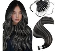 Moresoo Nano Hair Extensions 16 Inch Black to Silver Ombre Cold Fuison Invisible Nano Beads Hair Extensions Human Hair Balayage 1G/S 50G/Pack #1B/Silver/1B