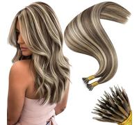 Moresoo Nano Hair Extensions Dark Brown with Caramel Blonde Nano Beads Hair Extensions Real Human Hair Highlight 16 Inch Invisible Remy Straight Silky Soft Hair 1g/s 50g/Pack #P4/27