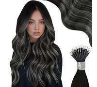 Moresoo Nano Hair Extensions Real Human Hair Balayage Natural Black to Silver Invisible Nano Beads Hair Extensions for Women Daily Party Use Add Volume 14 Inch 1g/s 50g/Pack #1B/Silver/1B