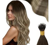 Moresoo Nano Hair Extensions Real Human Hair Root Dark Brown Ombre Blonde Nano Beads Hair Extensions 24 Inch Long Human Hair for Daily Wearing Natural Volume Length 1G/S 50G/Pack #4/10/16