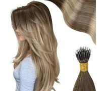Moresoo Ombre Nano Hair Extensions Real Human Hair 18 Inch Brown to Light Brown with Medium Blonde Nano Beads Hair Extensions 1g/s Cold Fusion Less Damage Hair 50g/Pack #3/8/22