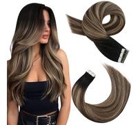 Moresoo Tape Hair Extensions Human Hair 16 Inch Black Tape in Extensions Balayage Black Root Ombre to Dark Brown with Dark Blonde Tape in Real Hair 20 Pieces/50g #1B/4/14