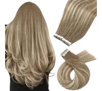 Moresoo Tape in Hair Extensions Human Hair 100g 18 Inch Tape in Human Hair Extensions Balayage Light Brown with Medium Blonde Remy Straight Hair for Women 40 Pieces #8/22/8