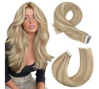 Moresoo Tape in Hair Extensions Human Hair Highlight Honey Blonde with Medium Blonde Hair Extensions Tape Real Remy Human Hair Straight Silky Soft 16 Inch 20 Pieces/50g #16/22