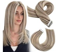 Moresoo Tape in Hair Extensions Human Hair Light Brown Highlights 14 Inch