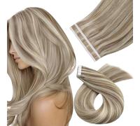 Moresoo Tape in Hair Extensions Human Hair Light Brown with Platinum Blonde Tape in Human Hair Extensions Highlights Remy Straight Hair 14 Inch 10pcs/25g #P9A/60