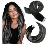 Moresoo Tape in Hair Extensions Ombre Human Hair Tape in Hair Extensions Balayage Black to Silver Hair Tape in Extensions Real Human Hair 16 inch 20 Pieces/50G #1B/Silver/1B