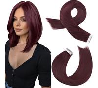 Moresoo Tape in Hair Extensions Real Human Hair Burgundy Red Human Hair Extensions Tape in Wine Red Remy Invisible Shoulder-length Short Hair 12 Inch 20 Pieces/30g #99J