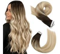 Moresoo Tape in Hair Extensions Real Human Hair Roots Darkest Brown Ombre Caramel Blonde with Bleached Blonde Remy Human Hair Extensions Tape in 18 Inch 20 Pieces/50G #2/27/613