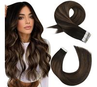 Moresoo Tape in Human Hair Extensions 18 Inch Balayage Darkest Brown Highlighted Chestnut Brown Tape in Hair Extensions Human Hair Ombre Remy Straight for Thin Hair 20pcs/50g #2/6/2