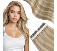Moresoo Tape in Human Hair Extensions Highlight 16 Inch 50G 20pcs Seamless Skin Weft Tape Hair Extensions Real Human Hair Dark Honey Blonde Mixed with Medium Blonde #16/22