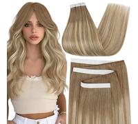 Moresoo Tape Weft Hair Extensions Human Hair 16 Inch 2pcs 65g Balayage Light Brown with Medium Blonde Wide Tape Weft Hair Extensions Cuttable #8/22/8