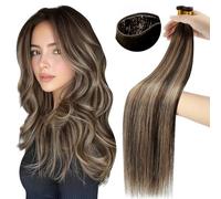 Moresoo Ultra-thin Weft Hair Extensions Human Hair 16 Inch Balayage Chocolate Brown and Caramel Blonde Ombre Invisible Hand Tied Sew in Human Hair Extensions 50g/pack #4/27/4