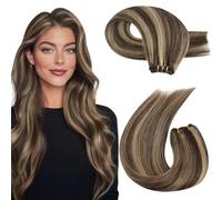 Moresoo Weft Hair Extensions Human Hair 14 Inch Double Weft Human Hair Extensions Dark Brown Mixed with Strawberry Blonde 100g/Pack #P4/27