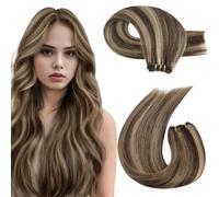 Moresoo Weft Hair Extensions Human Hair Sew in Double Weft Hair Extensions Dark Brown with Caramel Blonde Human Hair Bundles 22 Inch 100g/Pack #P4/27