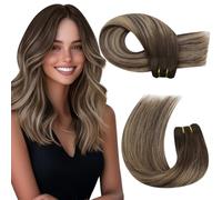 Moresoo Weft Hair Extensions Real Human Hair Brown Double Weft Sew in Hair Extensions Dark Brown Ombre to Caramel Blonde Double Human Hair Extensions Weft in 16 inch 100G/Pack #4/27/4