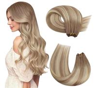 Moresoo Weft Hair Extensions Real Human Hair Light Brown Root Ombre Medium Blonde Remy Human Double Weft Hair Extensions Long 24 Inch for Women 100g/Pack #8/22/8