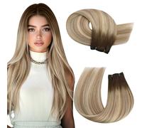 Moresoo Weft Hair Extensions Real Human Hair Roots Brown Ombre Light Brown with Medium Blonde Double Weft Sew in Hair Extensions Long 22 Inch One Piece Full Head 100g/Pack #3/8/22