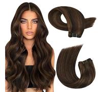 Moresoo Weft Hair Extensions - Real Human Hair Sew-in Extensions, Darkest Brown with Chestnut Brown, 16 Inch 100g/Pack #P2/8